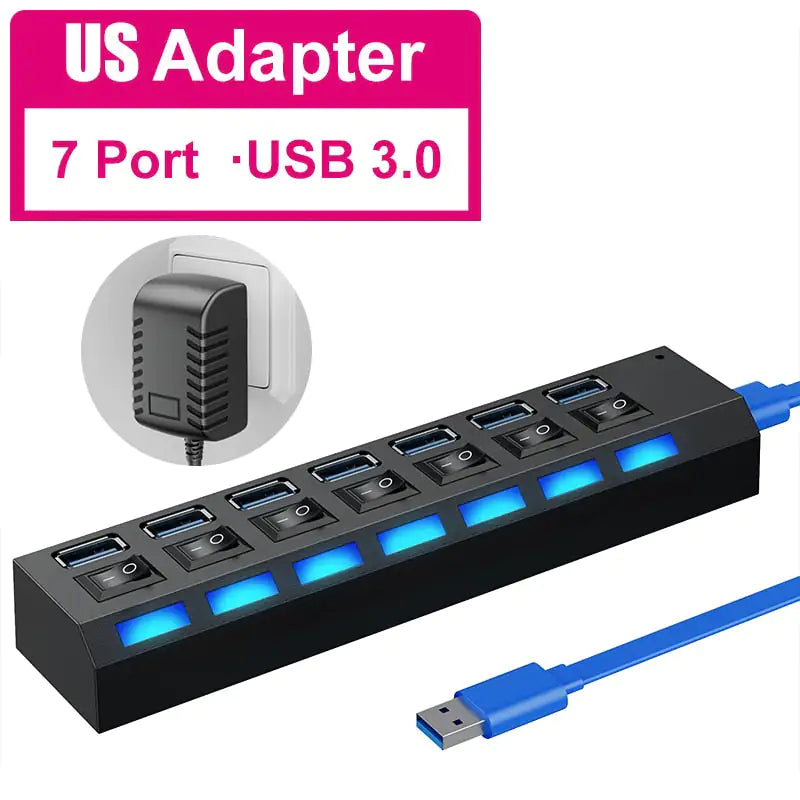 USB Hub 2.0 Multi USB Splitter with Switch - Fast, Durable, Plug & Play