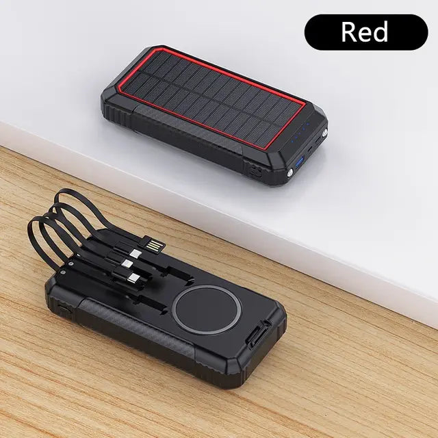 33800mAh Solar Power Bank – High-Capacity Portable Charger with Wireless Charging, Solar Charging, and Built-In Cable - ShopandTop