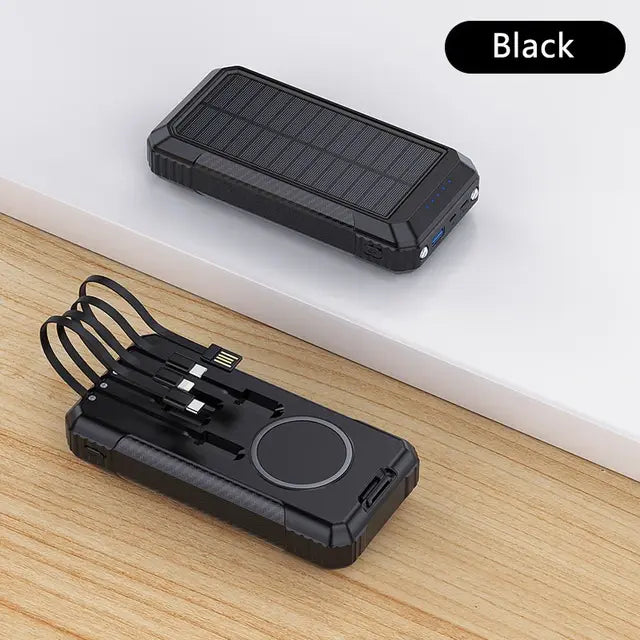 33800mAh Solar Power Bank – High-Capacity Portable Charger with Wireless Charging, Solar Charging, and Built-In Cable - ShopandTop