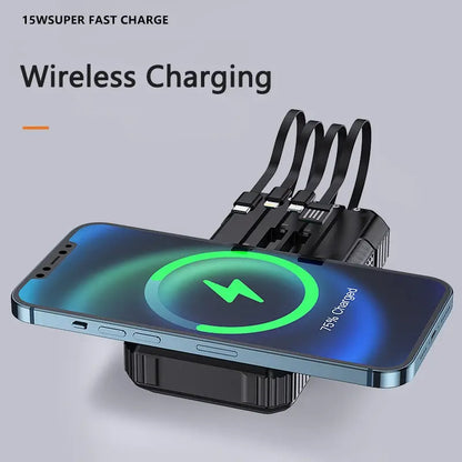 33800mAh Solar Power Bank – High-Capacity Portable Charger with Wireless Charging, Solar Charging, and Built-In Cable - ShopandTop