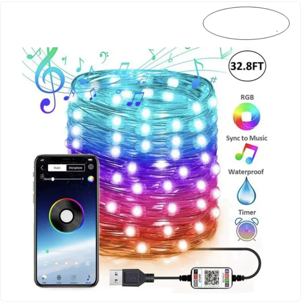 Bluetooth APP LED String Lights - Multicolor, Music Sync, and Adjustable