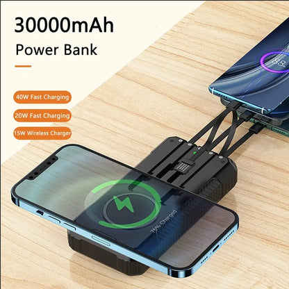 33800mAh Solar Power Bank – High-Capacity Portable Charger with Wireless Charging, Solar Charging, and Built-In Cable - ShopandTop