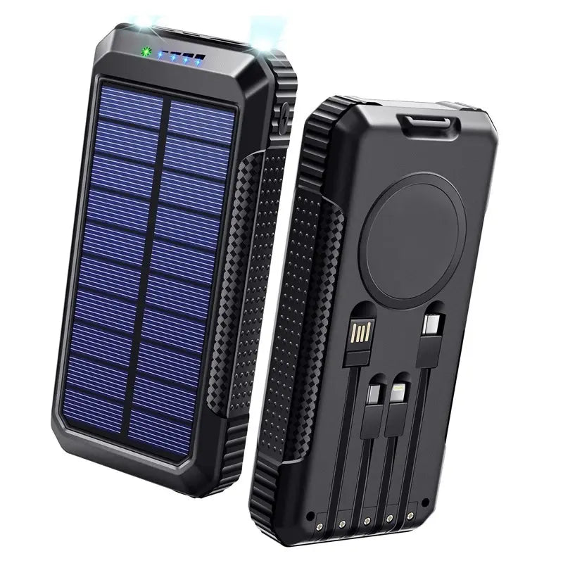 33800mAh Solar Power Bank – High-Capacity Portable Charger with Wireless Charging, Solar Charging, and Built-In Cable - ShopandTop